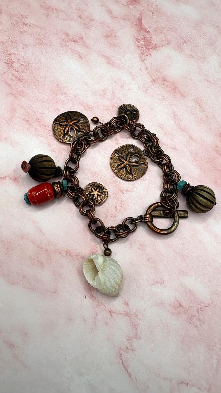 Boho Beach Sand Dollar & Seashell Chunky Charm Bracelet Copper Turquoise Red 8"